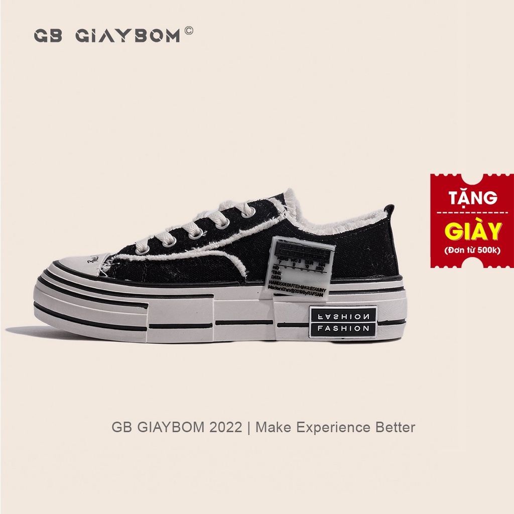 Giày Bata Nữ Đế Cao Vải Canvas Rách Viền, Cổ Thấp, Màu Đen Phong Cách Mới Nhất giayBOM GB Classics B1650