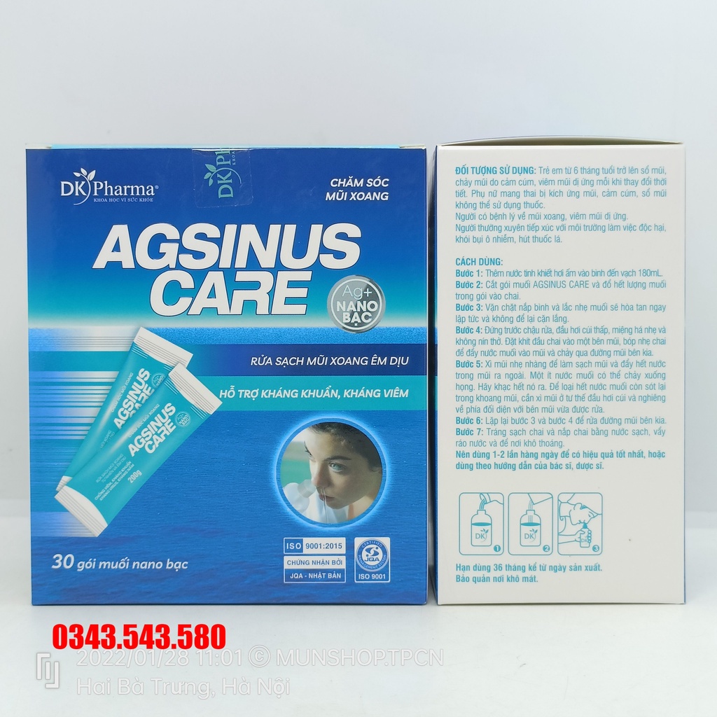 Chăm sóc mũi xoang AGSINUS CARE hộp 30 gói muối