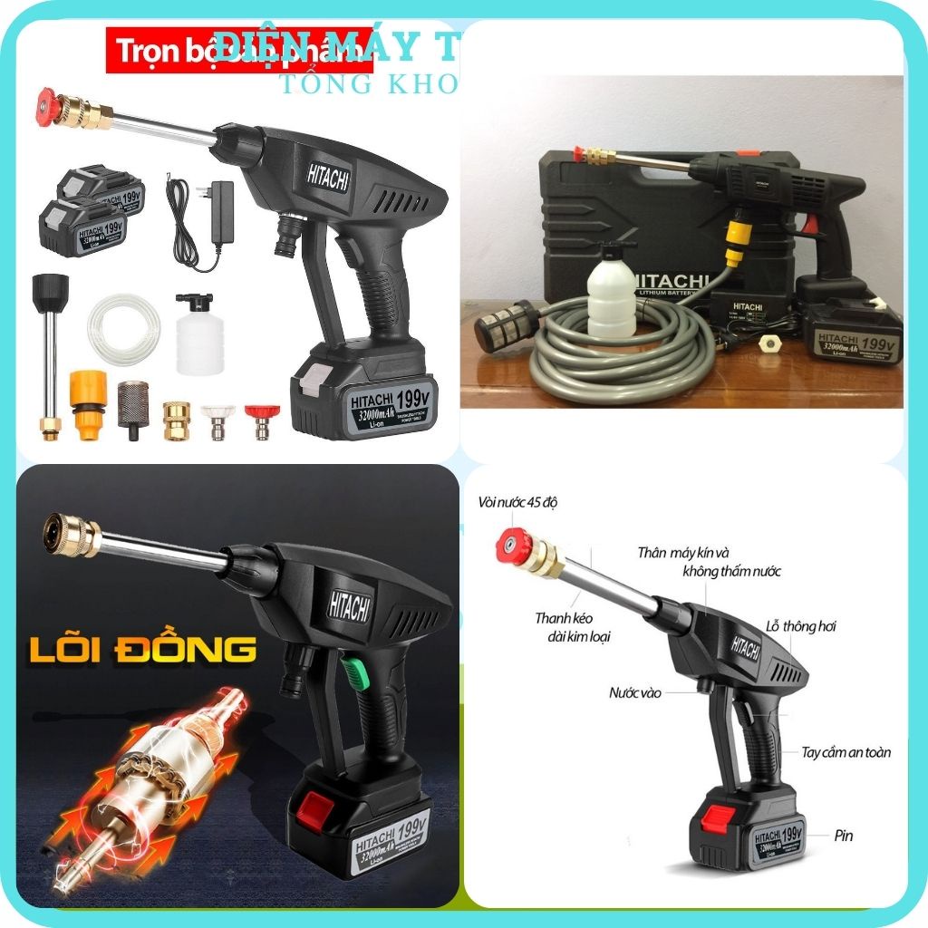 Máy rửa xe áp lực cao gia đình cầm tay total mini Pin Hitachi 199V mini giá rẻ bình phun bọt tuyết rửa xe máy cao áp