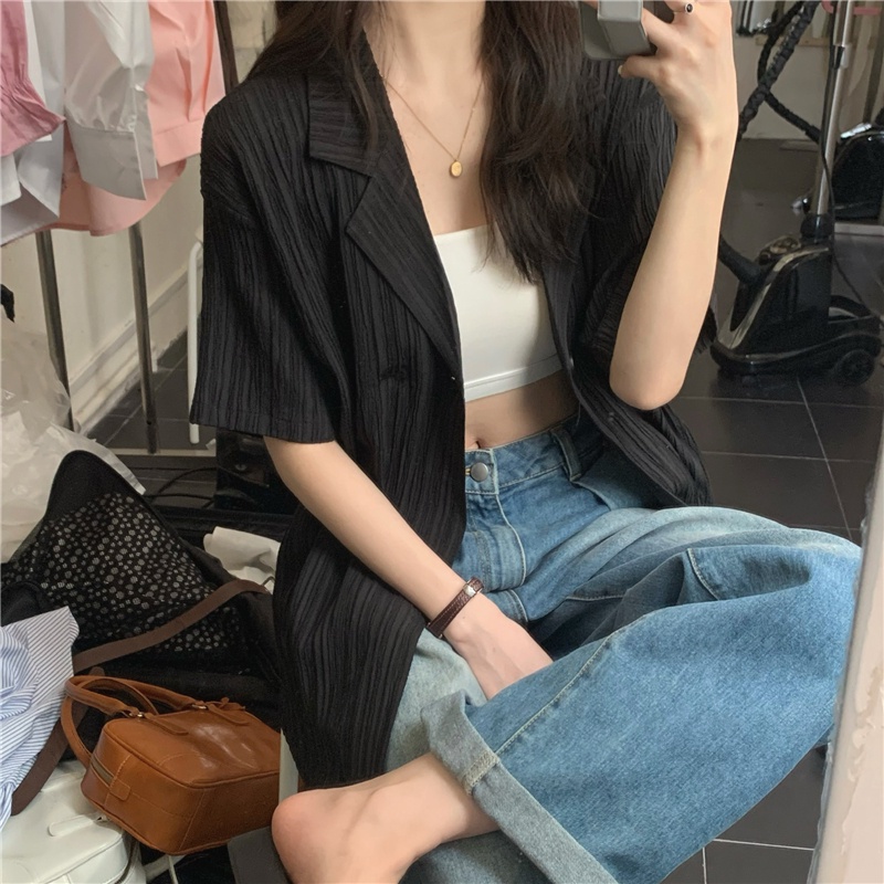 Áo Khoác Blazer Ngắn Tay Dáng Rộng Thời Trang Retro Hàn Quốc Cho Nữ