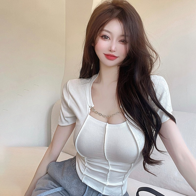 Áo Thun Tay Ngắn Cổ Vuông Màu Trơn Phong Cách Hàn Quốc Thời Trang Cho Nữ