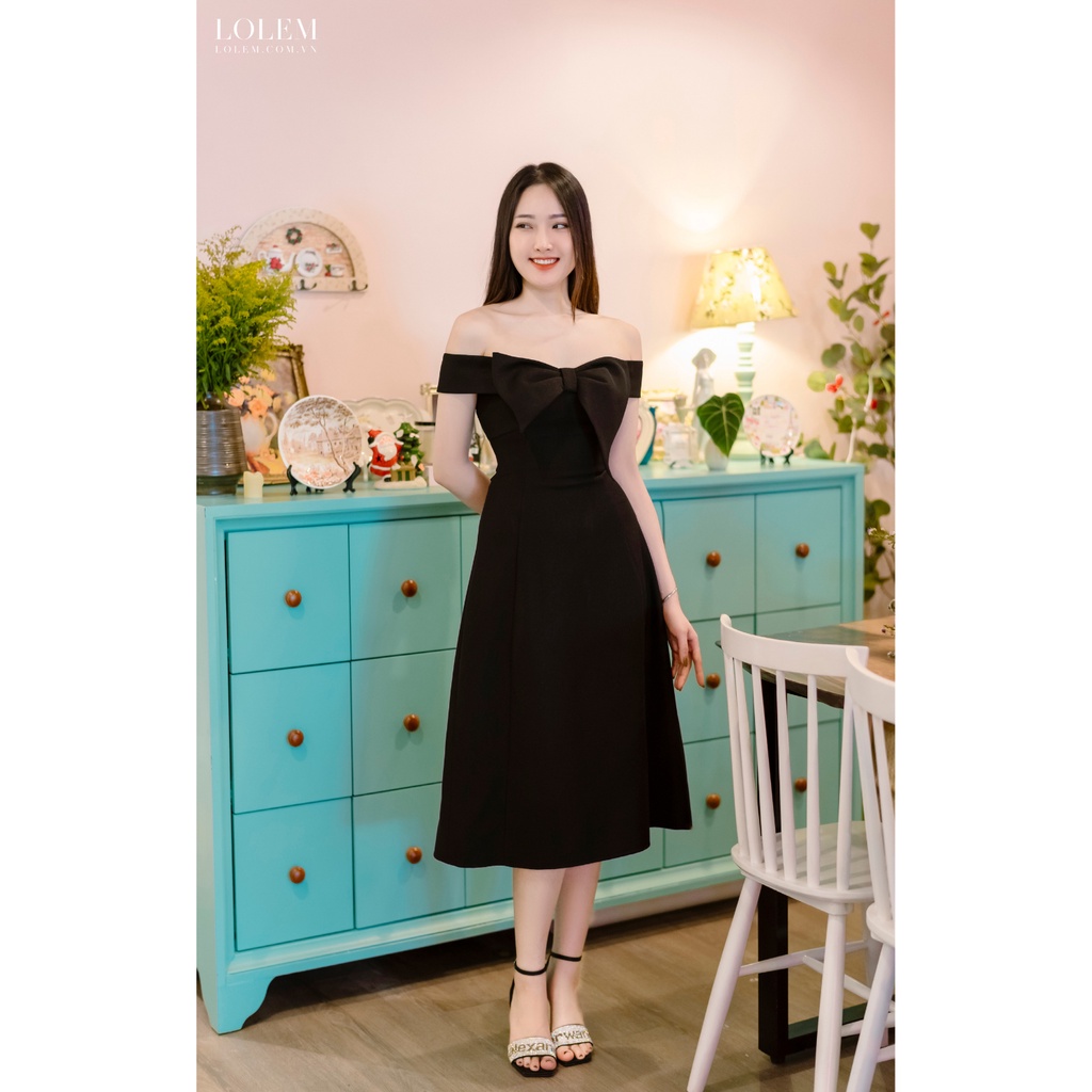 Đầm trễ vai LOLEM DX354 dáng dài phối nơ ngực vải gạo Mỹ cao cấp