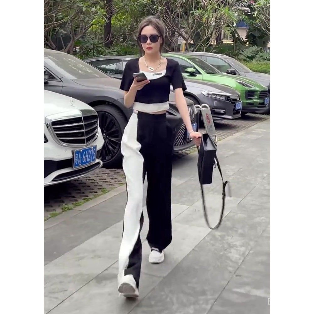 Summer Suit Female Fake Two-Piece Patchwork Short Sleeve Top+Black and White Patchwork Casual Wide-Leg Pants Fashion Two-Piece Suit