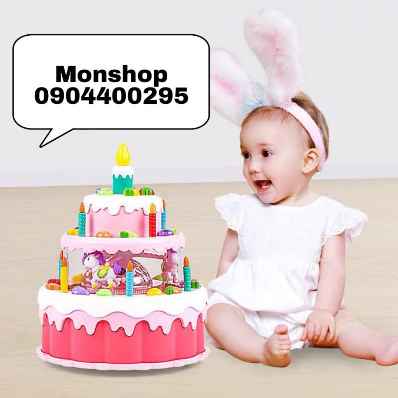 Đồ chơi bánh sinh nhật dùng pin, có âm thanh và ánh sáng, chuyển động xoay tròn vui nhộn