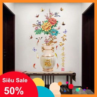 Decal dán tường bình 3d hoa mẫu đơn