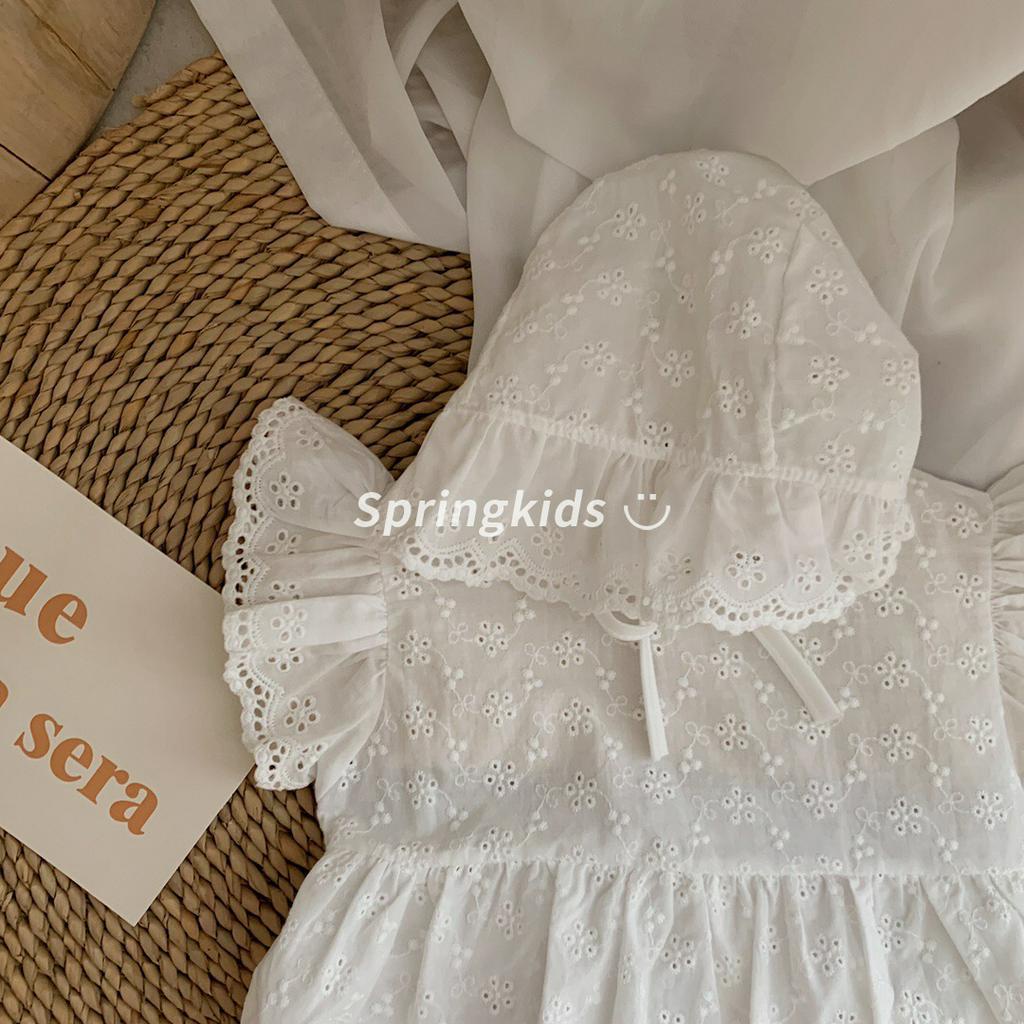 Set áo liền quần ngắn tay và nón có dây cột bằng cotton màu trơn cho bé gái