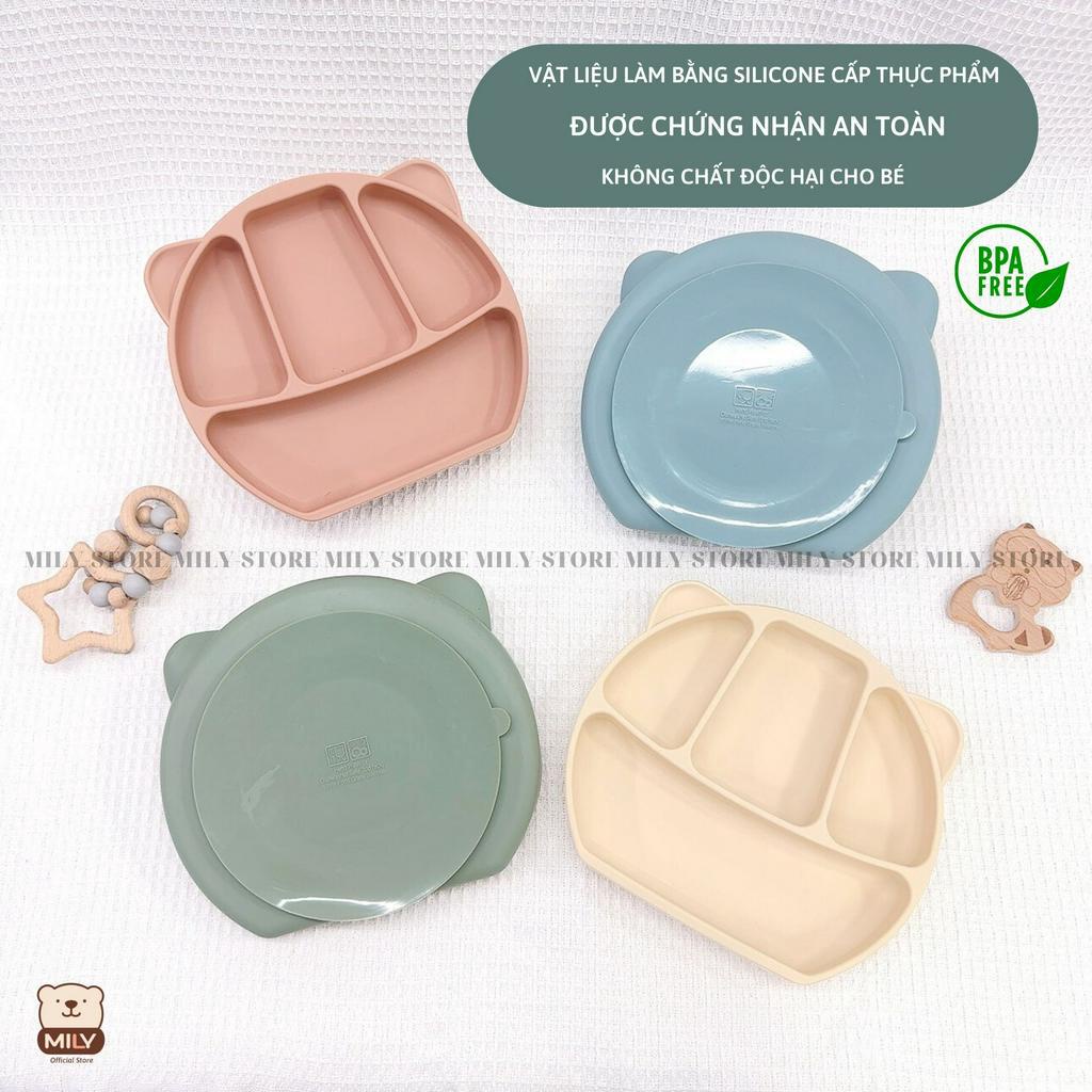 Khay ăn dặm chính hãng Mily 4 ngăn hình tai gấu có đế hít chống đổ làm từ silicon.