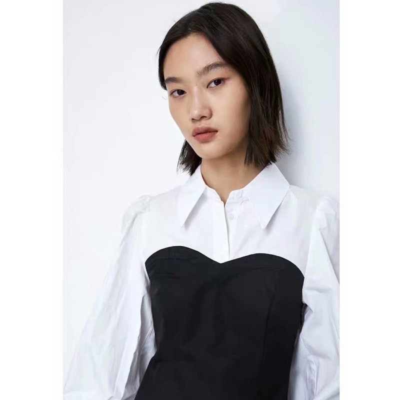 Đầm Zara chemise trắng đen thanh trẻ thanh lịch DT07SMG62N10