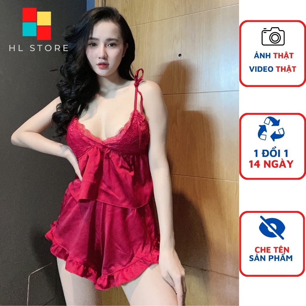 Đồ ngủ sexy đồ ngủ 2 dây cột vai phối ren Hải Lan Store, chất liệu lụa satin mềm mại, freesize 40-60kg tùy chiều cao