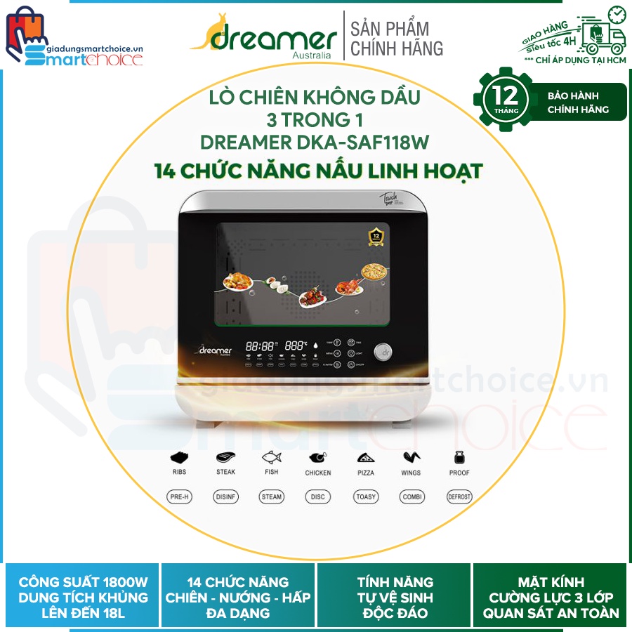 Lò chiên hơi nước 3 trong 1 Dreamer DKA-SAF118W, Chiên - Nướng - Hấp, Điều khiển cảm ứng, Công suất 1800W, Tự vệ sinh