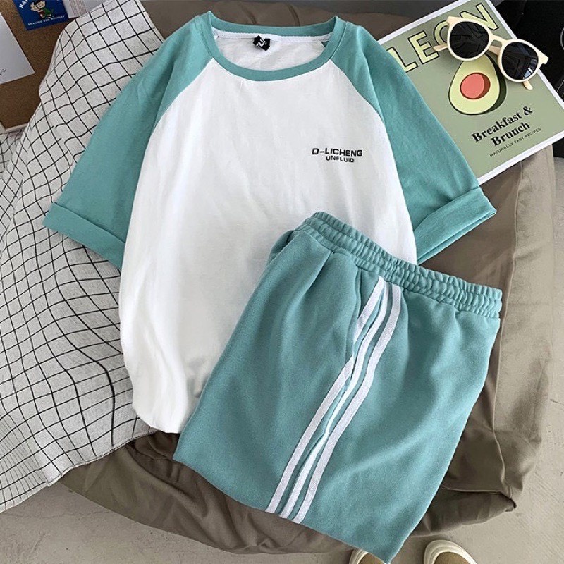 Bộ cộc unisex thể thao 3 sọc D-licheng - Set đồ quần short đùi ống rộng áo thun raglan ngắn tay lỡ nam nữ ulzzang