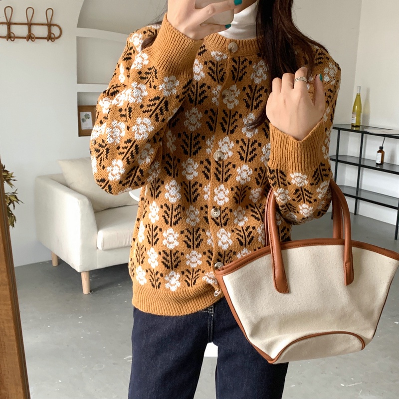 Áo khoác sweater cardigan cổ tròn họa tiết hoa phong cách phương Tây cho nữ
