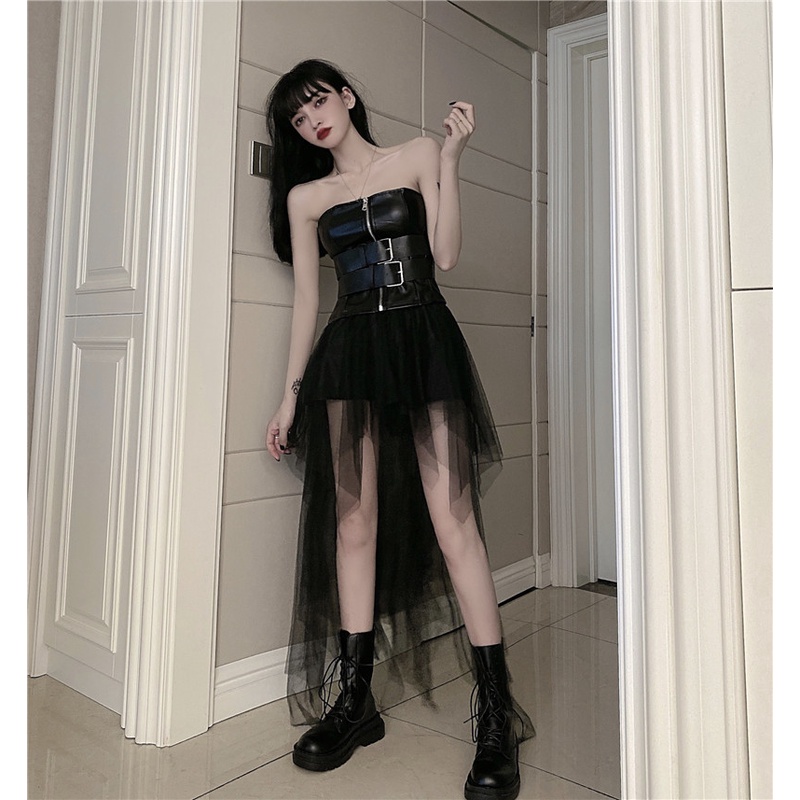 Set áo ống thun croptop ôm body tôn dáng và da dây kéo dây gài khóa hở vai + váy lưới đen lưng cao dài ngắn đuôi cá