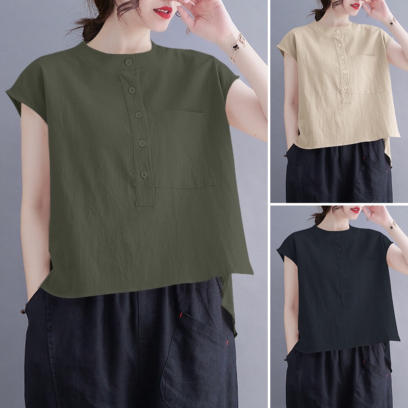 Áo sơ mi ZANZEA tay dài có túi trước màu trơn dành cho nữ