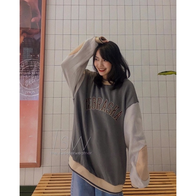 Áo nỉ swt cổ tròn phối tay chữ cá tính (annstore_ảnh thật)