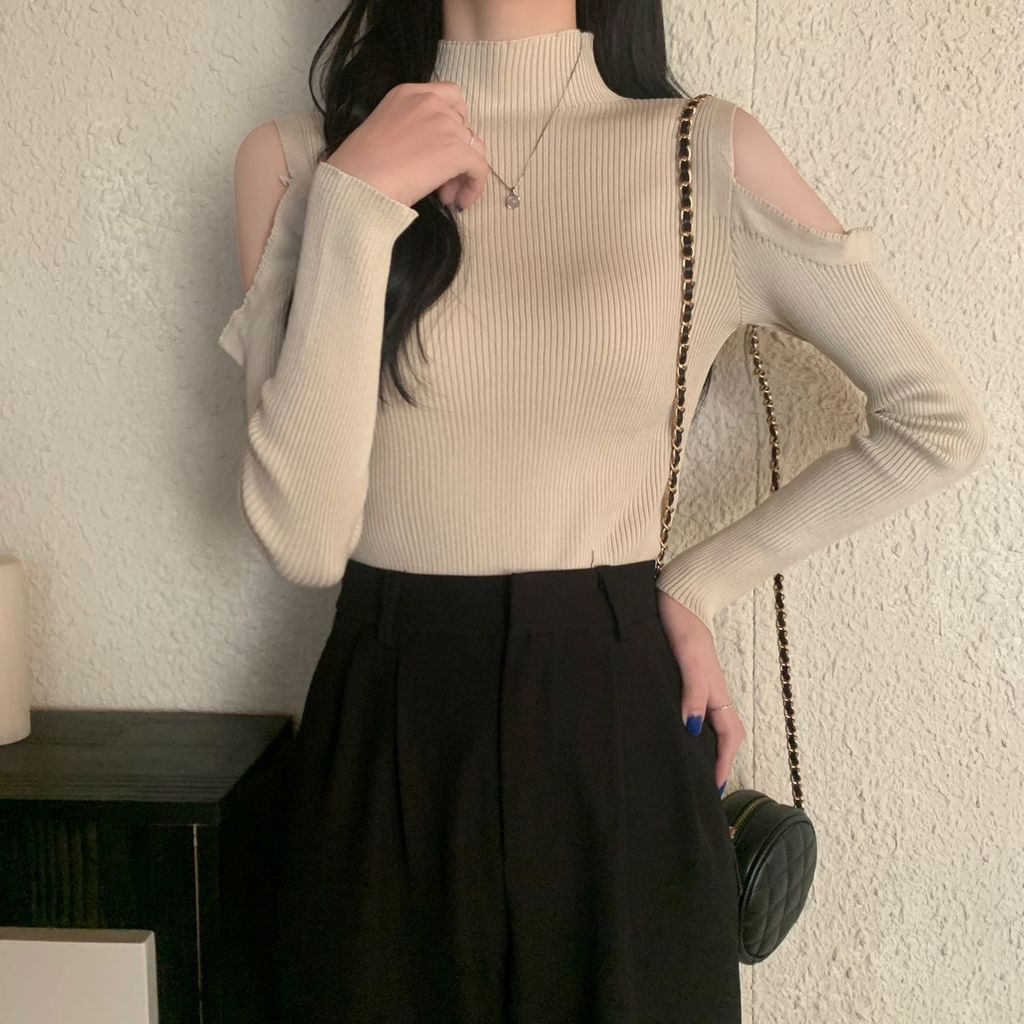 Áo Len Tay Dài Cổ Cao Hở Vai Thời Trang Cho Nữ