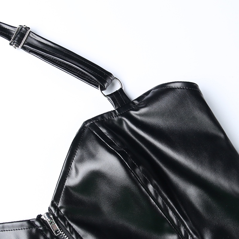 Áo Tank Top Da PU Phối Khóa Kéo Hở Lưng Quyến Rũ Thời Trang Cho Nữ