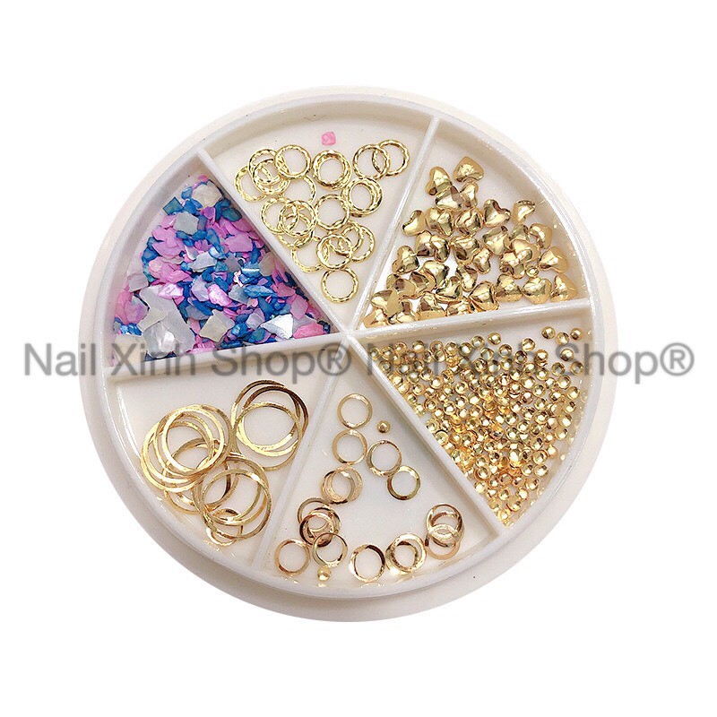 Khay tròn trang trí móng nail,charm nail, đá nail, phụ kiện nail art (phụ kiện mạ vàng)