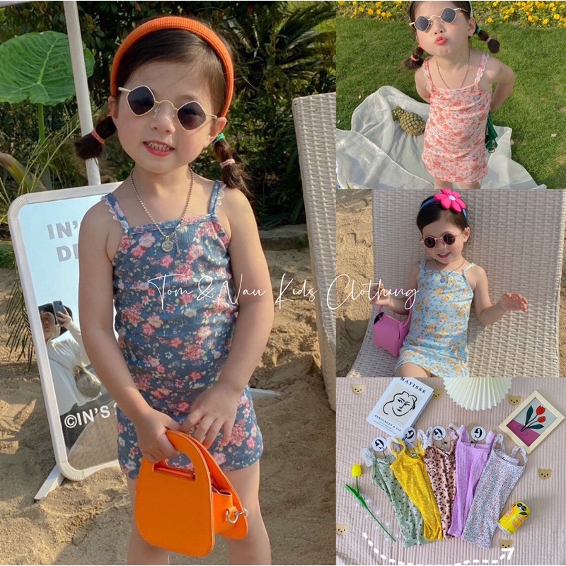 Váy hai dây thun len gân ôm body bé gái dễ thương sành điệu