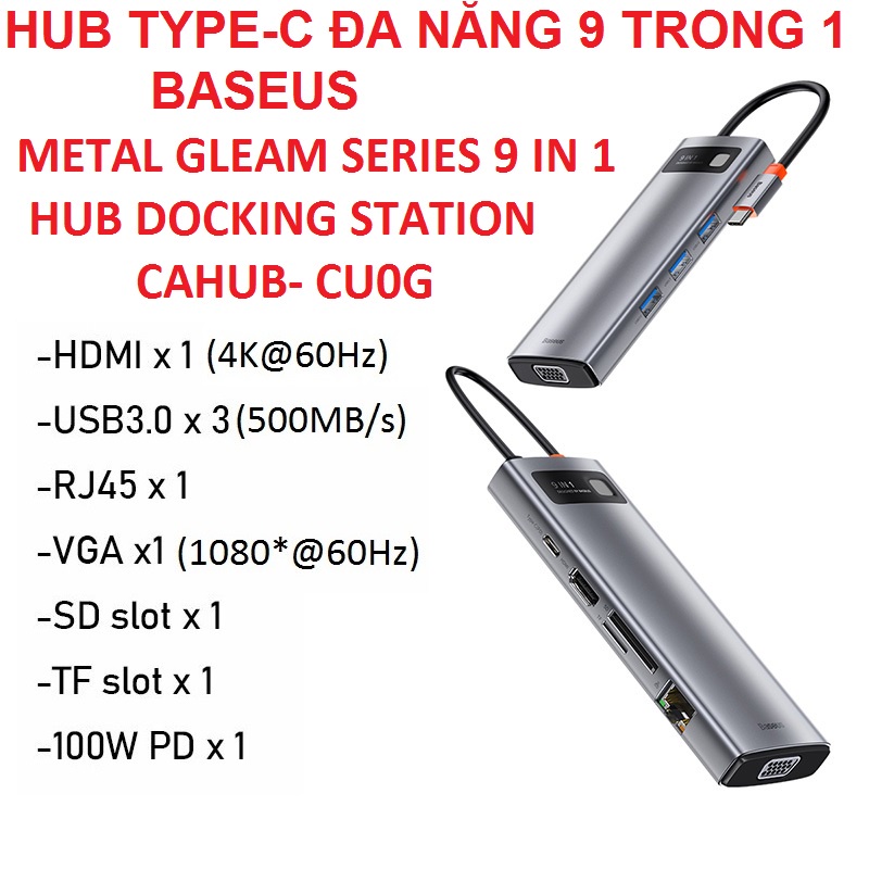 [Hub đa năng 9 trong 1] Bộ chia cổng type-C Baseus Metal Gleam Series CAHUB-CU0G