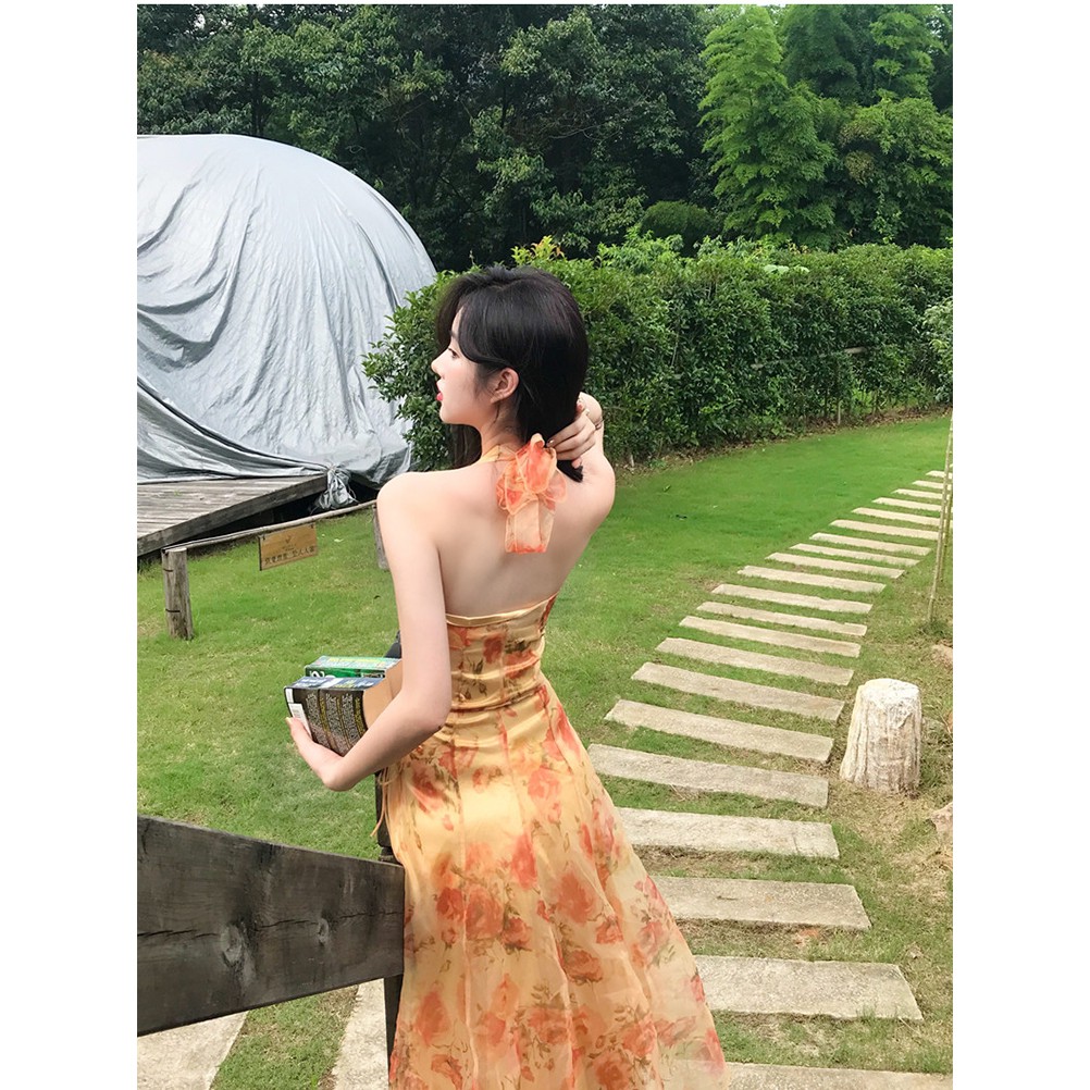 Váy yếm màu cam họa tiết hoa dáng xòe tiểu thư quyến rũ hàng Quảng châu loại 1