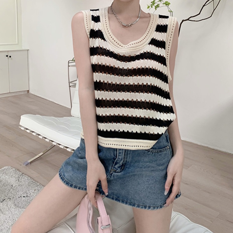 Áo Len Không Tay Dáng Rộng Họa Tiết Kẻ Sọc Thời Trang Mùa Hè Cho Nữ