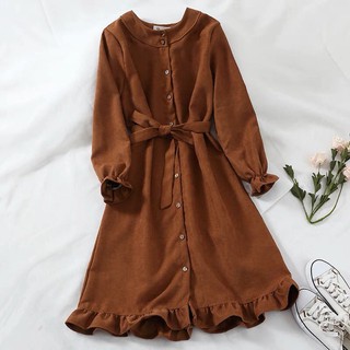 Váy dài tay thắt eo Hàn Quốc - (ORDER)