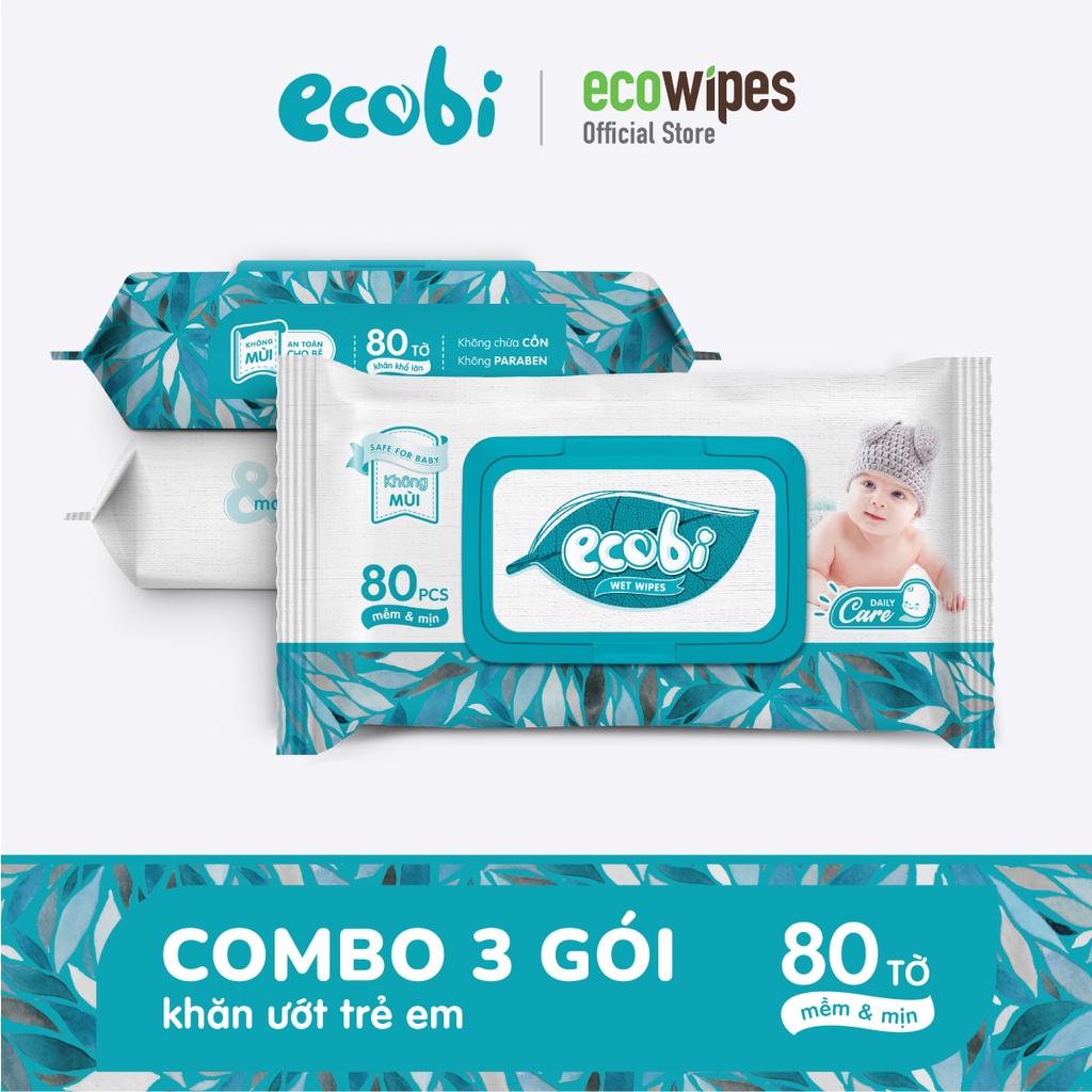 Combo 3 gói KHĂN ƯỚT EM BÉ ECOBI 80 tờ - Không mùi