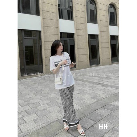 Set đồ nữ đi chơi nhẹ nhàng, set bộ quần dài ống rộng kèm áo thun form rộng cổ tròn đơn giản, dễ thương