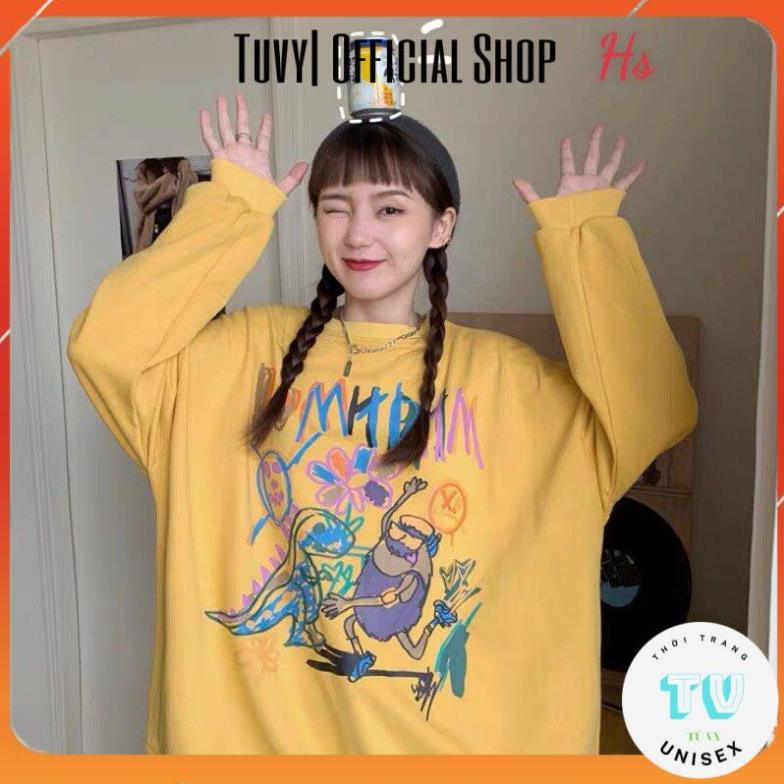Áo nỉ nam nữ unisex TUVYSHOP Áo Sweater in khủng long Bom trần bông dày ấm 2 màu vàng xanh