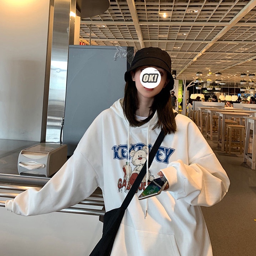 Áo sweater ZHELIHANGFEI tay dài dáng rộng họa tiết gấu in phong cách Preppy