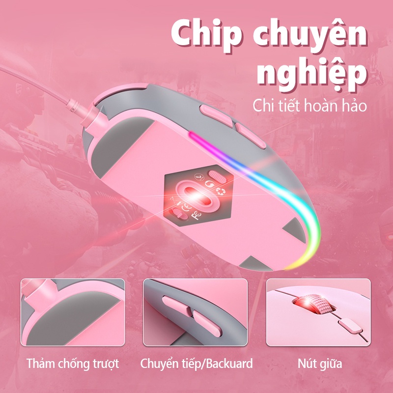 Chuột chơi game có dây ONIKUMA CW918 Catpaw màu hồng và trắng với đèn RGB
