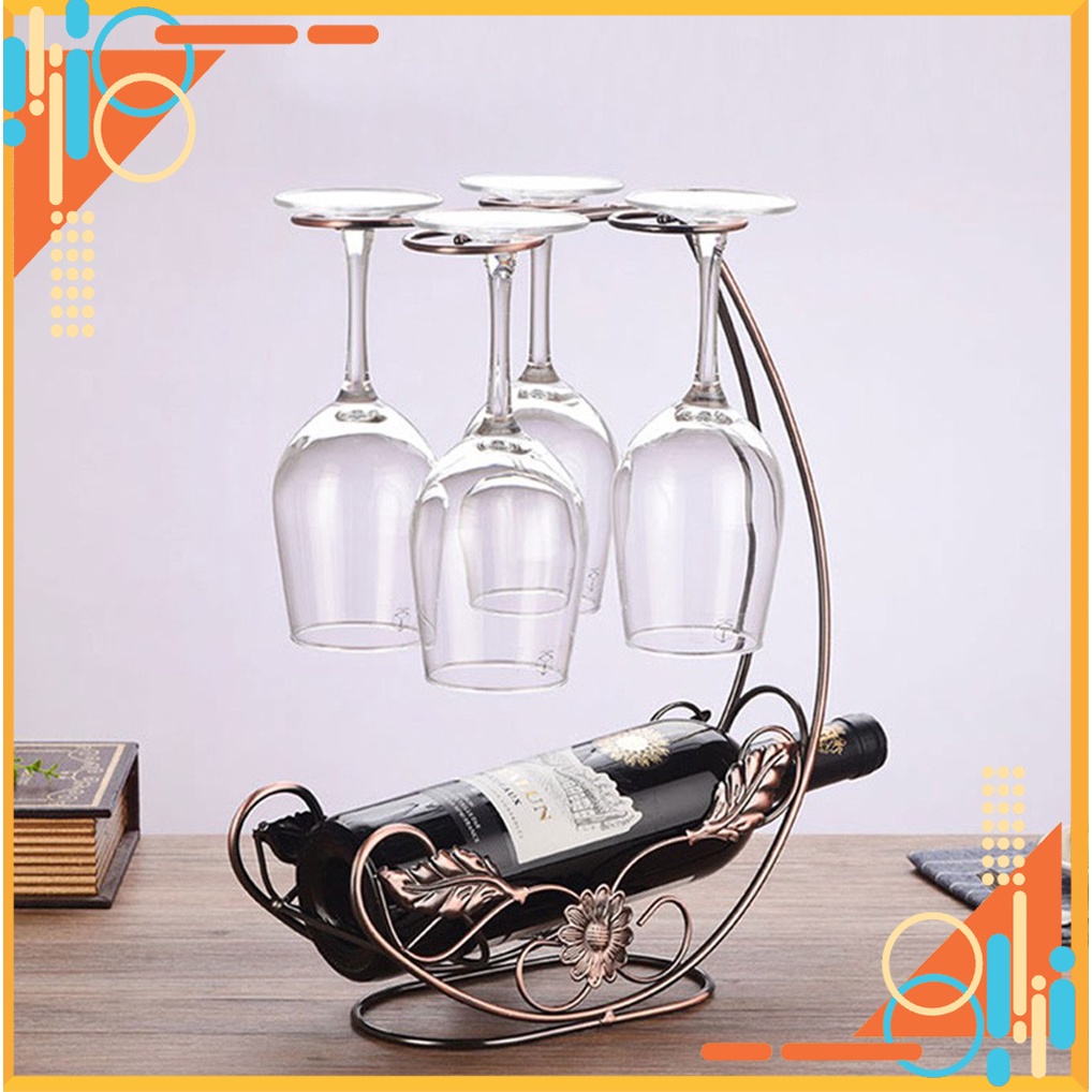 Kệ để rượu kèm giá treo 4 ly vang, Giá đỡ rượu vang có móc treo 4 ly trang trí bàn ăn & quầy bar
