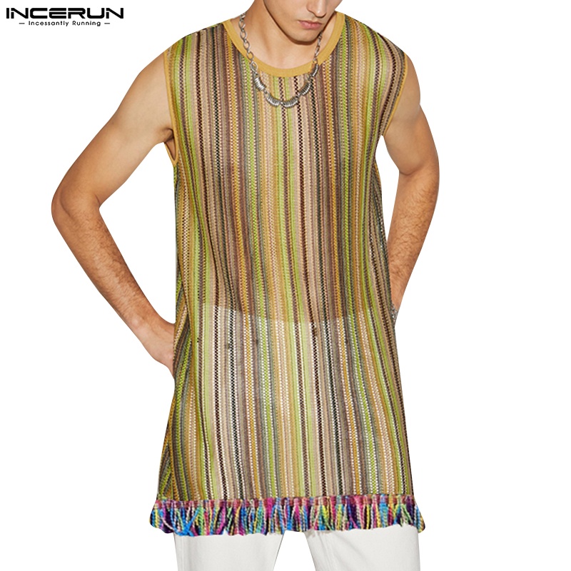 INCERUN Áo Ba Lỗ Dáng Dài Phối Tua Rua Xuyên Thấu Kẻ Sọc Nhiều Màu Cá Tính Cho Nam
