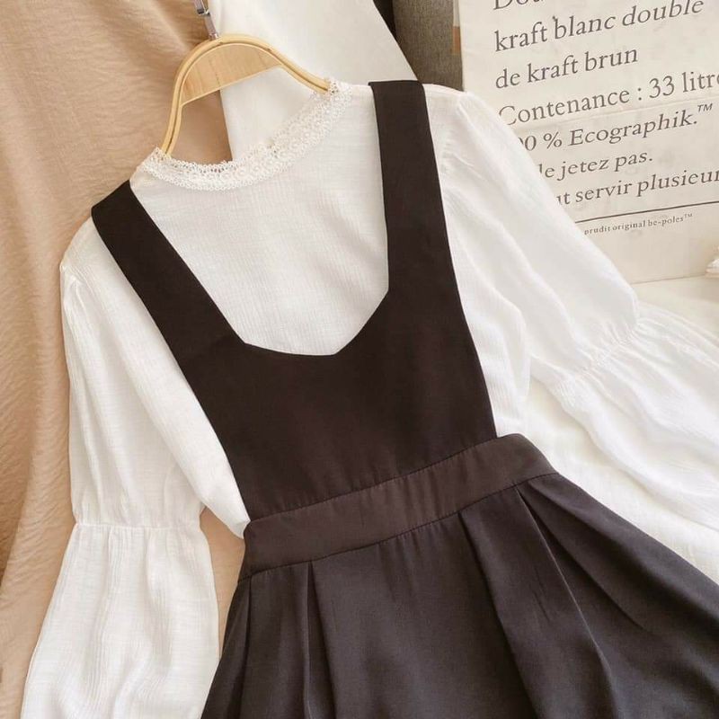 Set yếm bbd+áo trắng tay bo/Set yếm babydoll