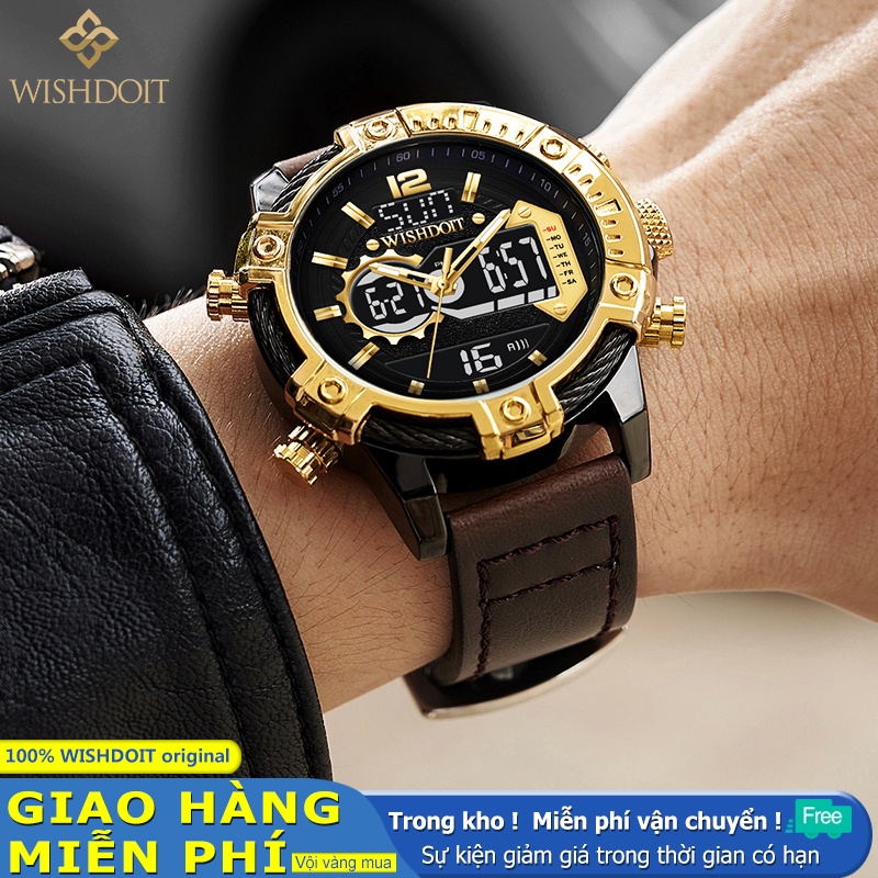 WISHDOIT Đồng hồ Quartz LED Dual Display chống thấm nước với dây đeo da WSD-6610-A