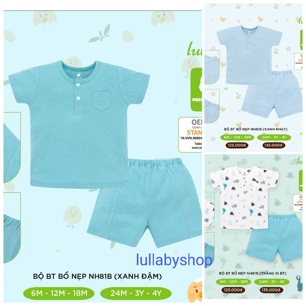 Bộ cộc tay bé trai cotton vân thoáng Lullaby NH81B, áo cộc tay bổ nẹp, quần đùi mềm mịn