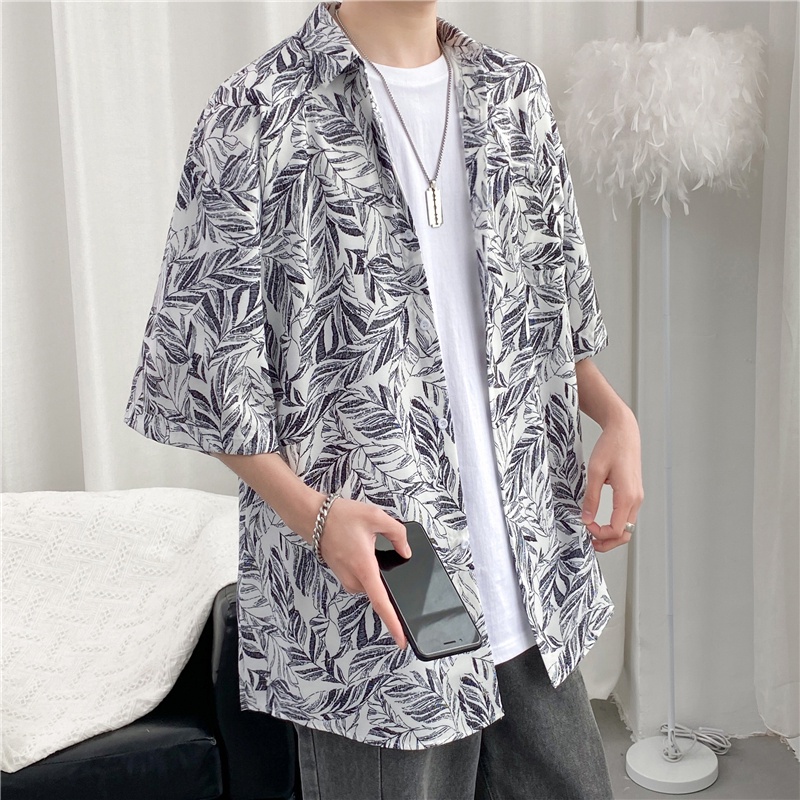 Short Sleeve Loose Shirt With Leaf Pattern Korean Style Summer 2022 Men's Fashion