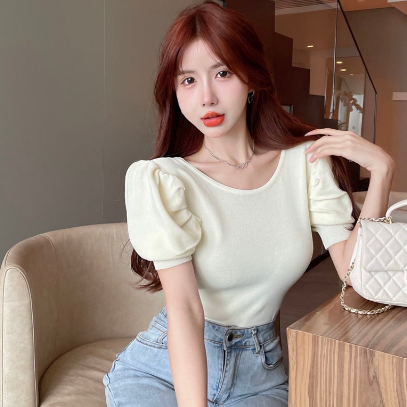 Áo Thun Tay Ngắn Phồng Ôm Dáng Màu Trơn Đính Nơ Thời Trang Mới