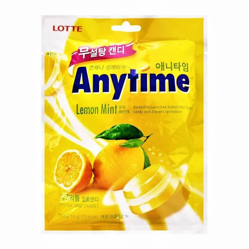 Kẹo Lotte Anytime không đường vị bạc hà/chanh/đào 60g