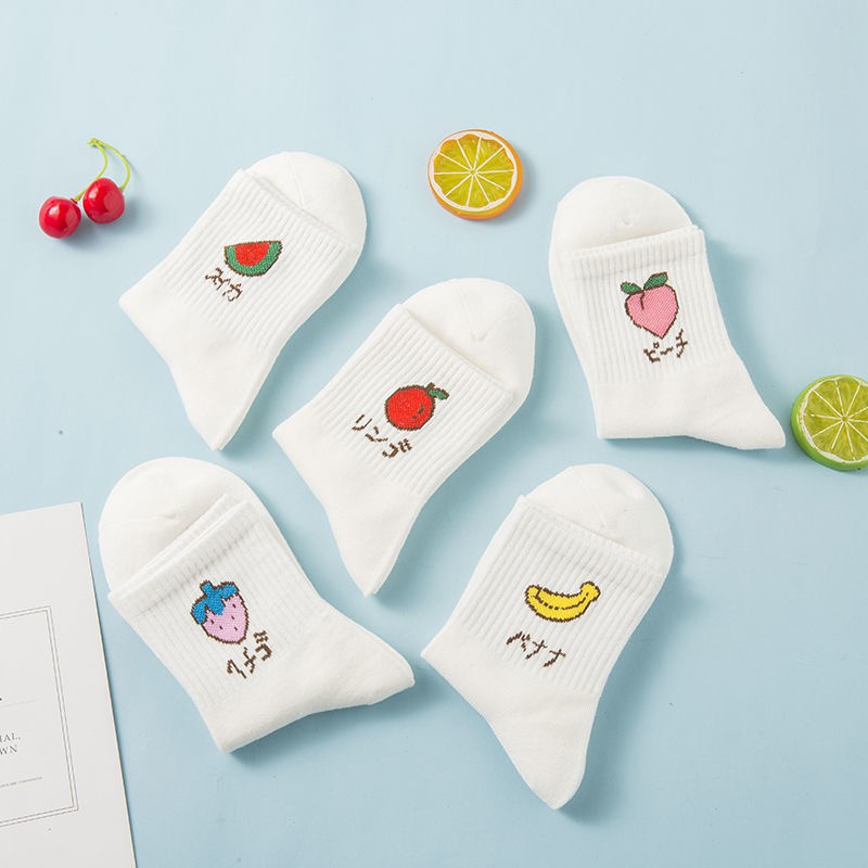 Combo 5 đôi tất cổ cao hoạ tiết hoa quả ⚡️ 𝐅𝐑𝐄𝐄 𝐒𝐇𝐈𝐏 ⚡️Cotton mềm mại, style Hàn Quốc ♥️ Mã TR23