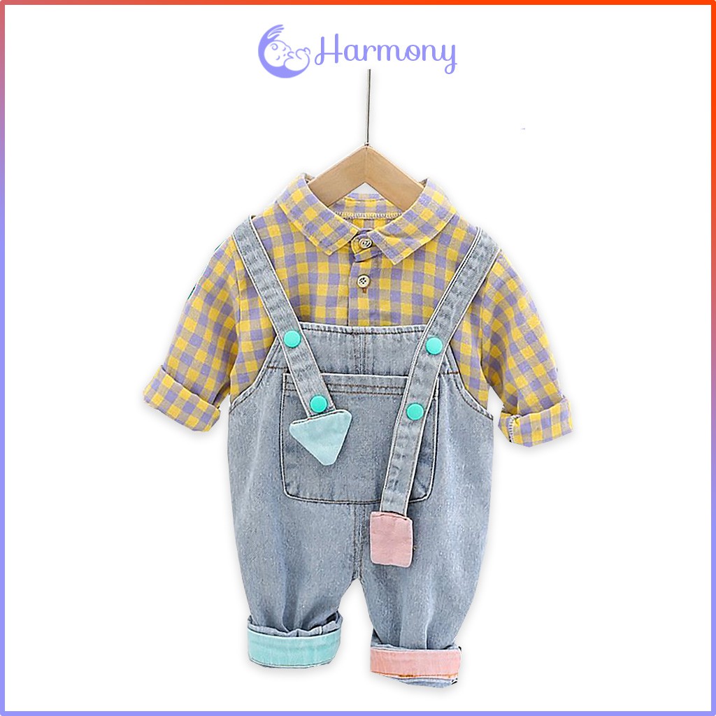 Set áo sơ mi caro quần yếm jean cho bé gái bé trai từ 10 tháng 8 ký đến 16 ký