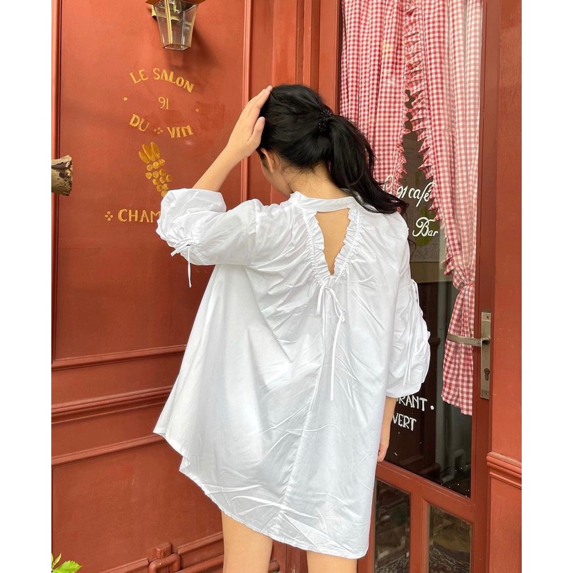 ÁO SƠMI KIỂU FORM SUÔNG CỘT NƠ TAY ÁO HAI MÀU TRẮNG ĐEN - BOW SHIRT