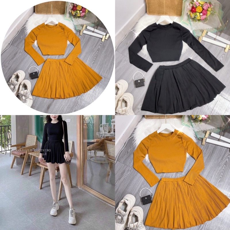 Set áo tay dài chân váy xếp ly .