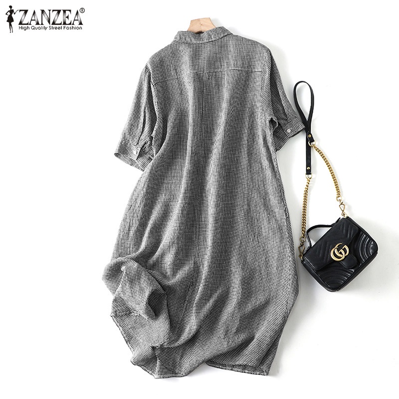 Đầm ZANZEA ngắn tay form rộng họa tiết ca rô đơn giản dành cho nữ