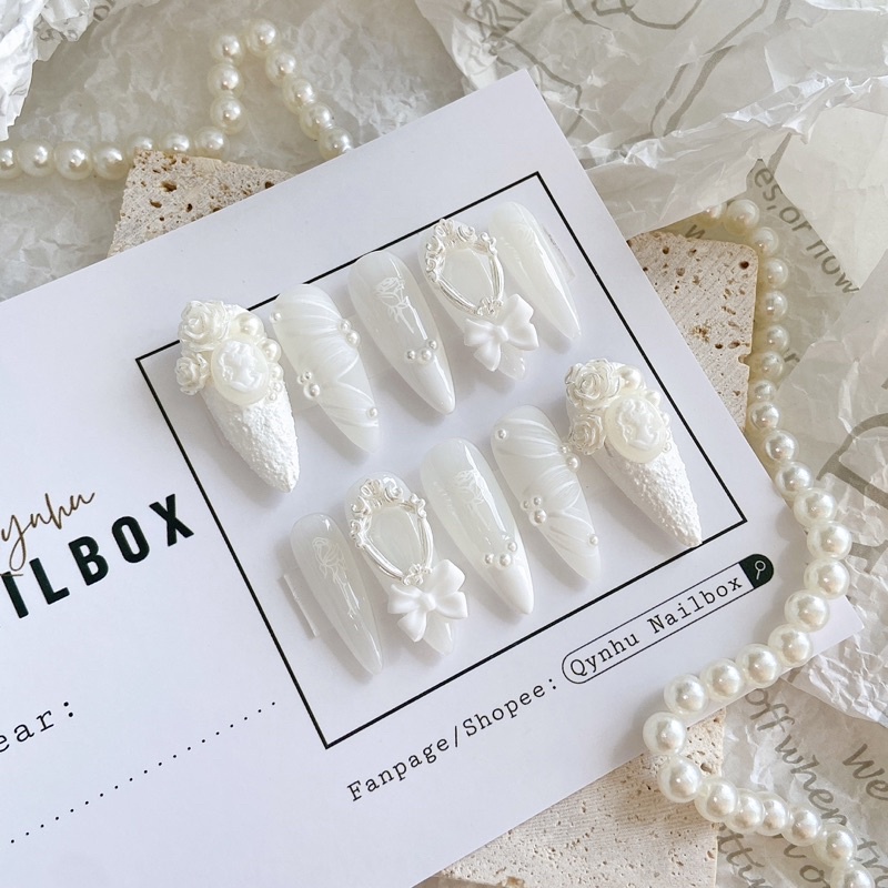 NAILBOX trắng hoa hồng charm nơ thiết kế theo size
