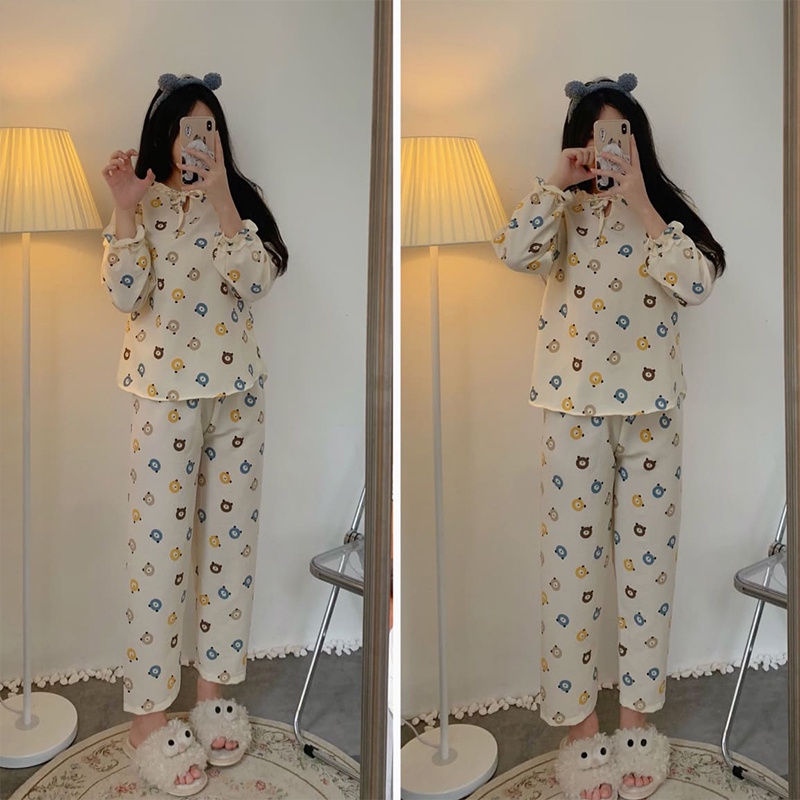[Ảnh thật/ Sẵn hàng] Bộ Pijama Dài Tay Chất Đũi Xốp Cổ Nơ Dễ Thương, Set Bộ Ngủ Pijama Nữ | BigBuy360 - bigbuy360.vn