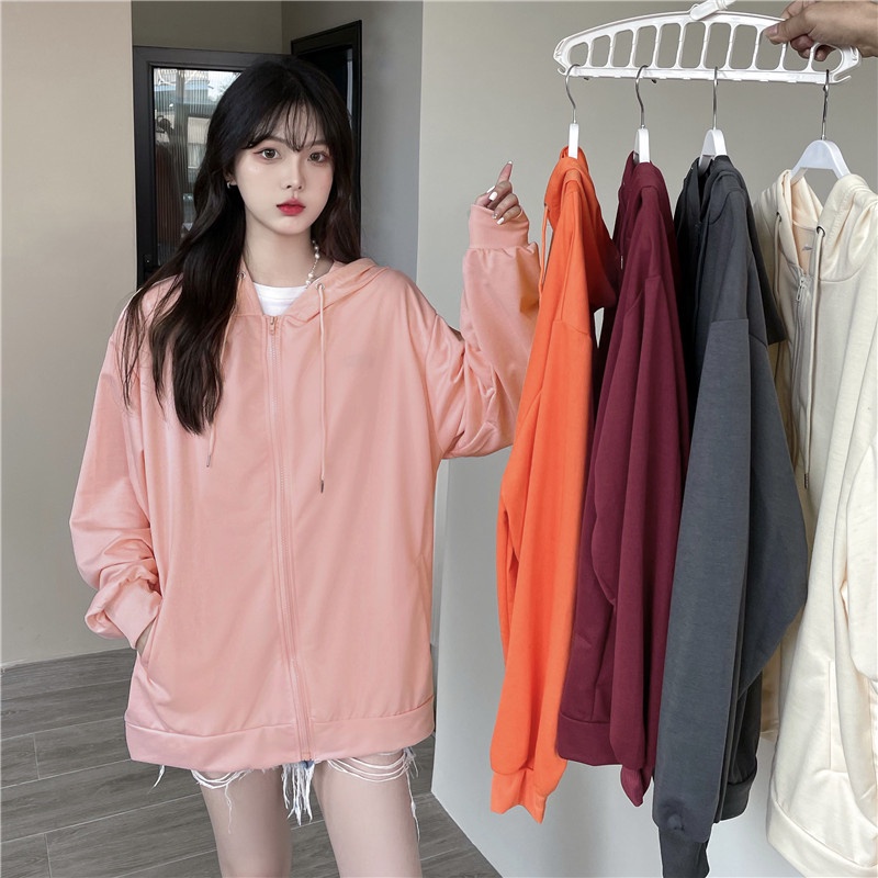 SUXI (MỚI) Áo hoodie nữ dáng rộng màu trơn có khoá kéo