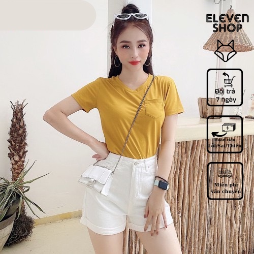 Áo thun nữ cổ tim có túi bên ngực, ôm body siêu tôn dáng, vải cotton dày dặn co giãn 4 chiều, thấm hút mồ hôi siêu mát