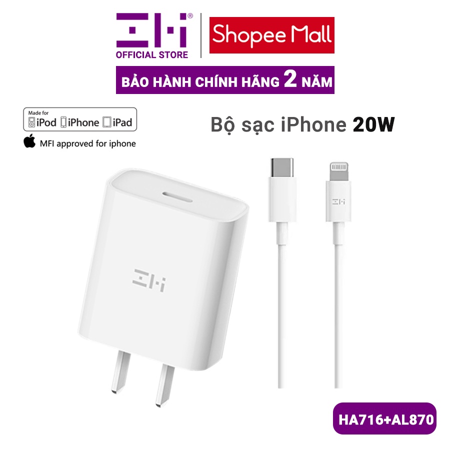 Bộ sạc nhanh iPhone 20W Zmi HA716 + AL870 Type-C to Lighting chứng nhận MFI